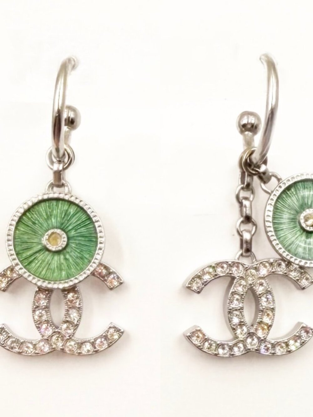 Chanel Silver CC Crystal Green Enamel Wheel Dangle Piercing Earrings